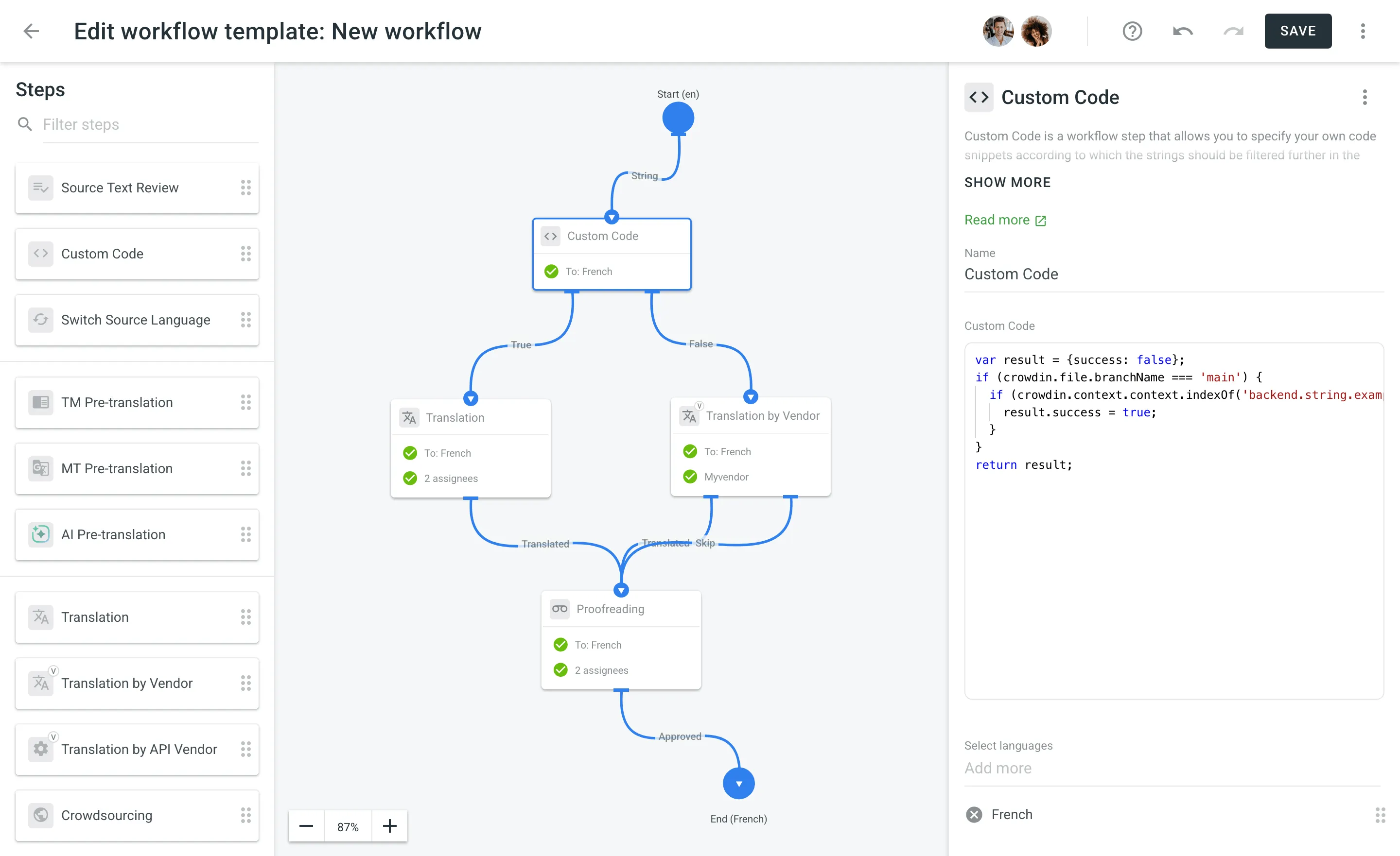 Custom Code in the Workflow Editor