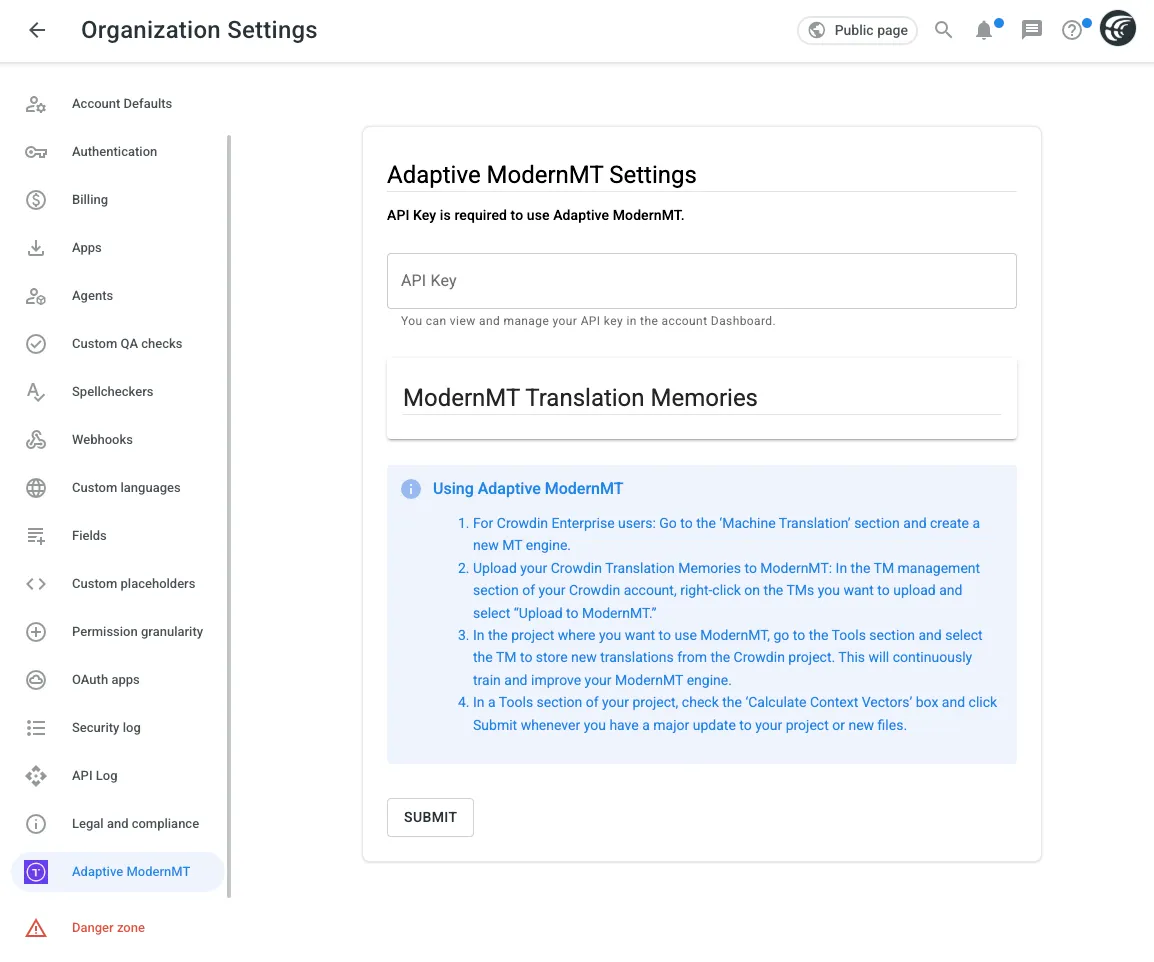 Modul für das Organisations-Einstellungsmenü