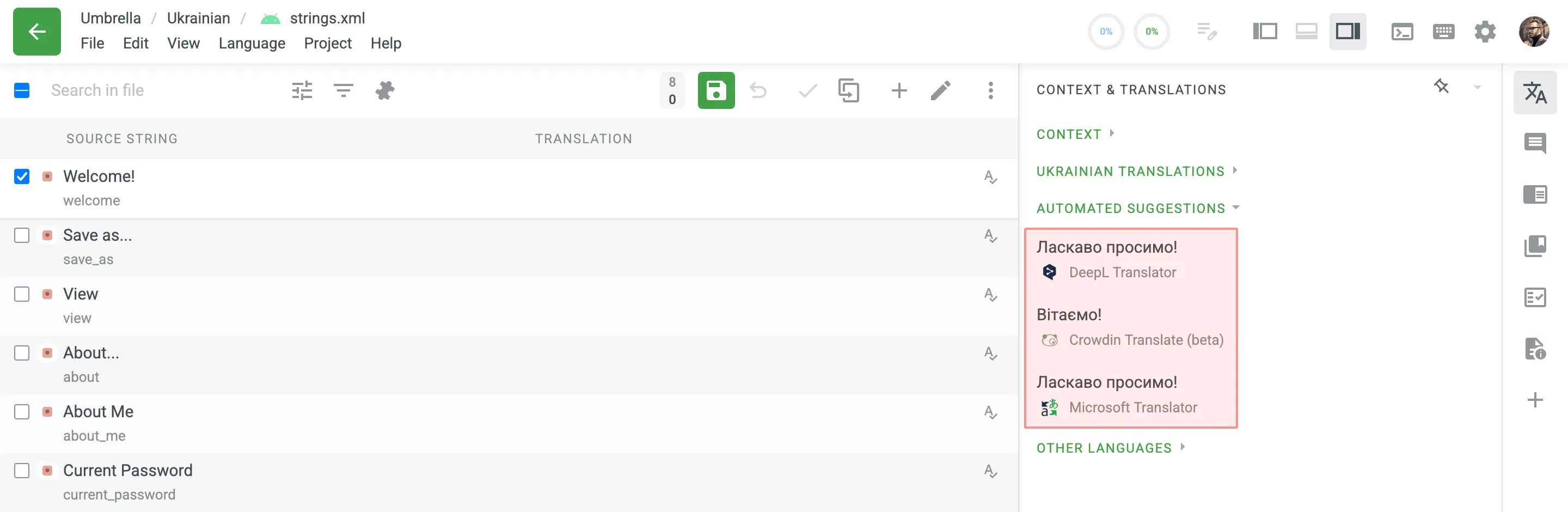 Machine-Translation-Vorschläge im Editor